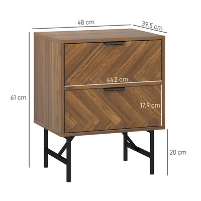 HOMCOM Bedside Table Set of 2 with 2 Drawers, Modern Side Tables with Herringbone Pattern and Metal Legs for Bedroom, Living Room, Walnut Brown 