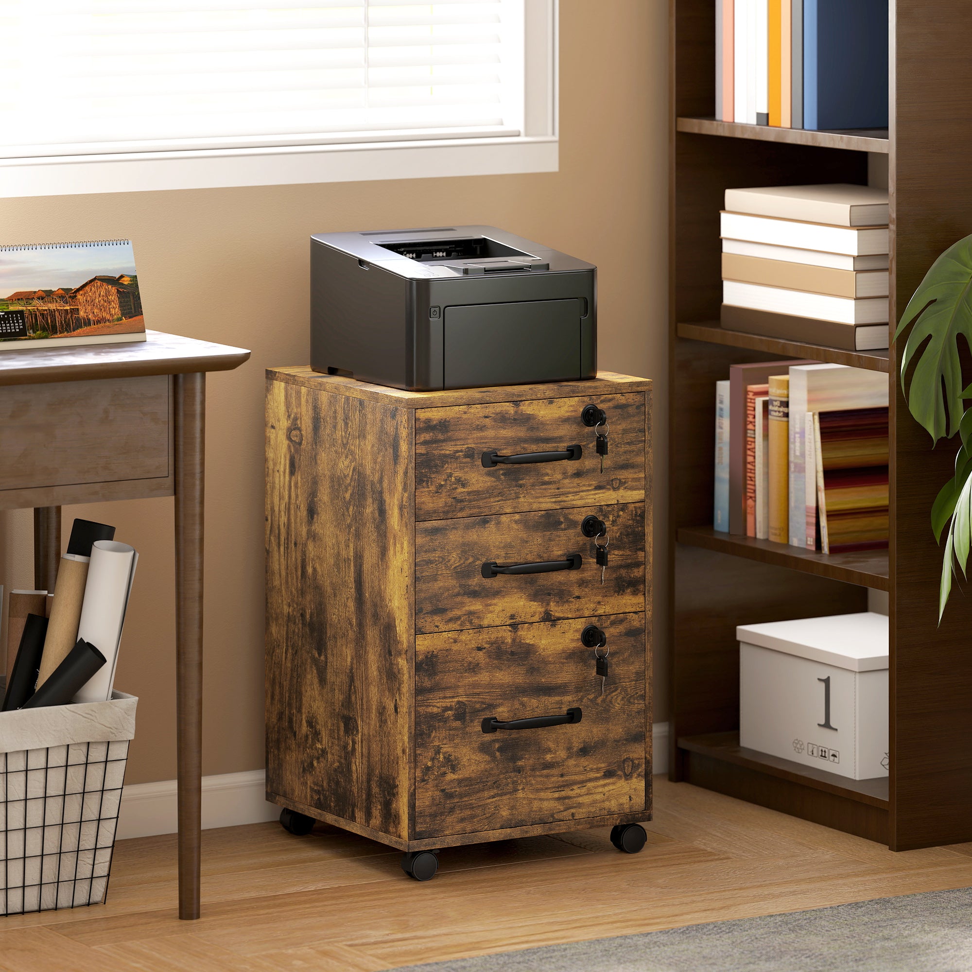 HOMCOM Three Drawer Wood-Effect Filing Cabinet - Rustic Brown 