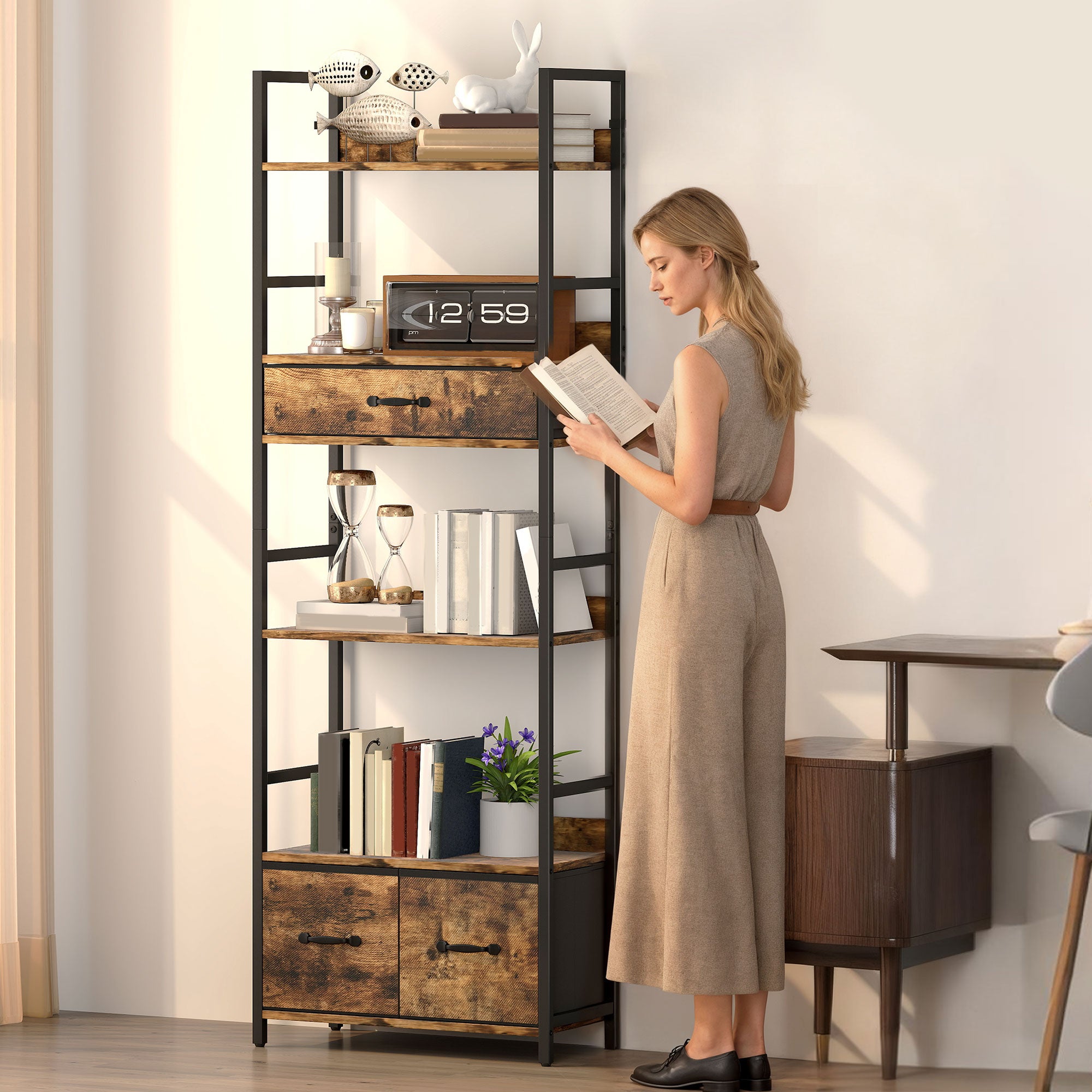 HOMCOM Industrial Style Bookcase, with 4 Shelves and 3 Fabric Drawers - Brown/Black 