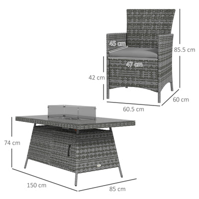 Outsunny 7 Pieces Outdoor Rattan Garden Furniture with Fire Pit Table, 6 Seater Garden Table and Chairs with Cushions, Rattan Dining Set with Propane Heater Table, Windscreen, 50,000 BTU, Grey 