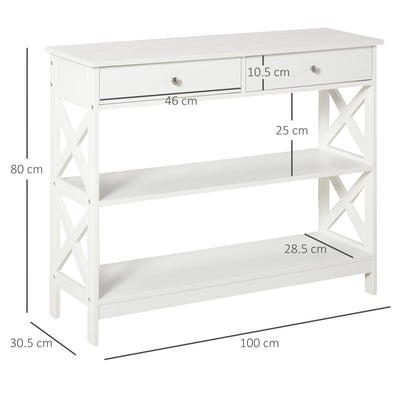 HOMCOM Console Table Side Desk w/ Shelves Drawers Open Top X Support Frame Living Room Hallway Home Office Furniture White 