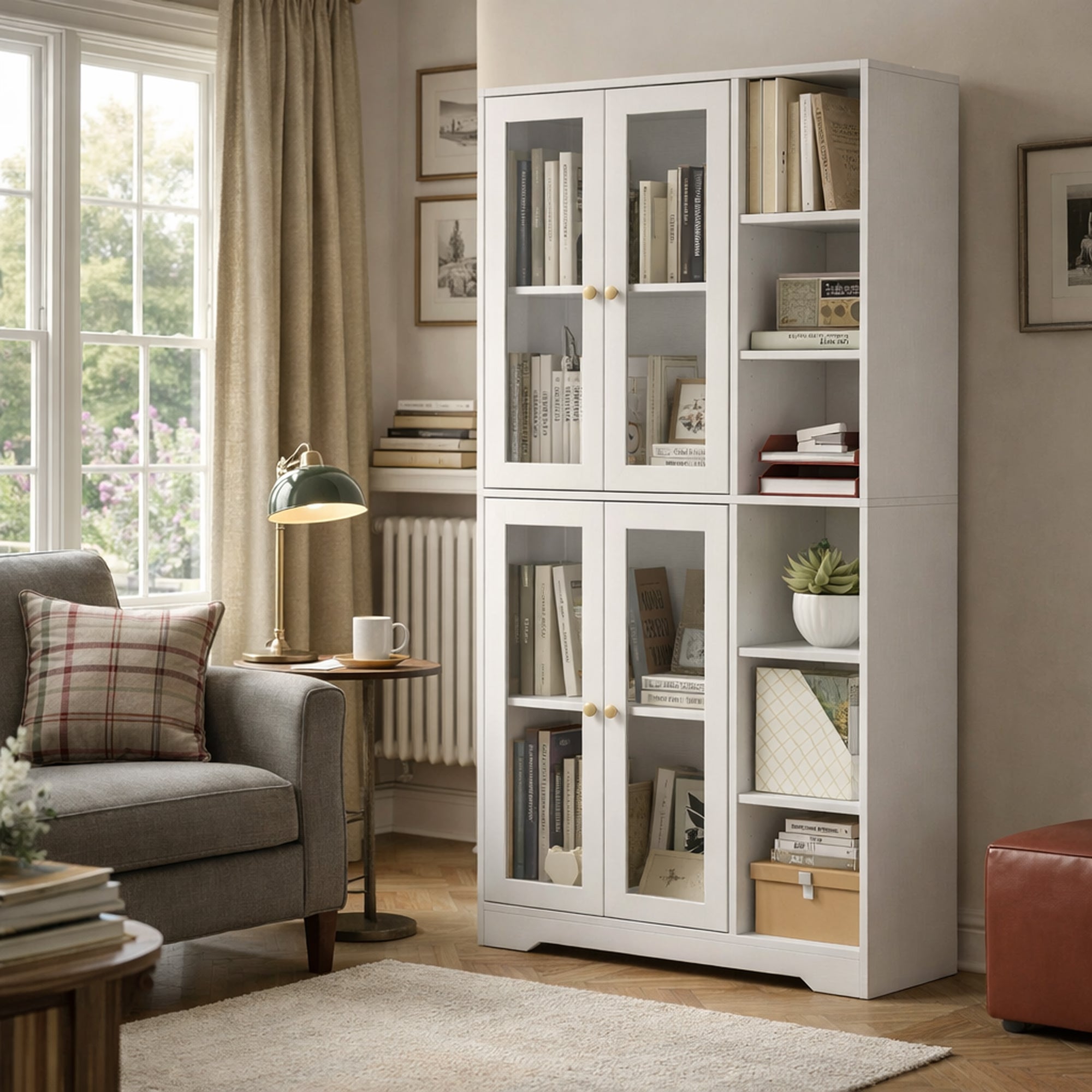 HOMCOM Multi-Storage Kitchen Cabinet, with Glass Doors - White Wood-Effect 