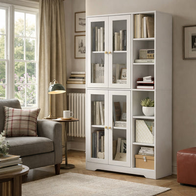 HOMCOM Multi-Storage Kitchen Cabinet, with Glass Doors - White Wood-Effect 