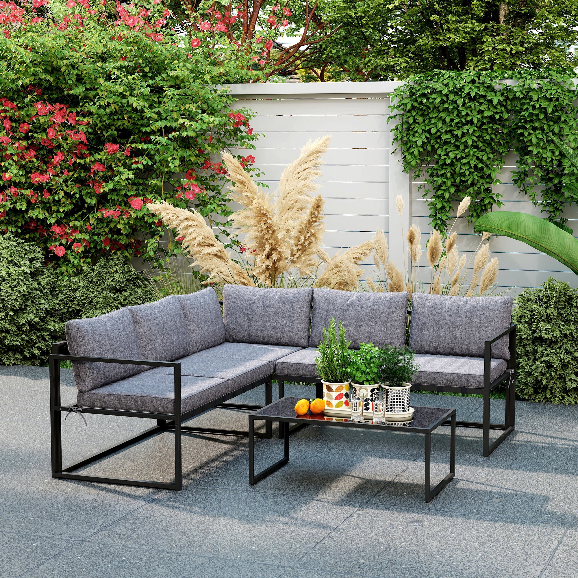 Outsunny Three-Piece L Shaped Garden Furniture Set with Cushions - Grey 