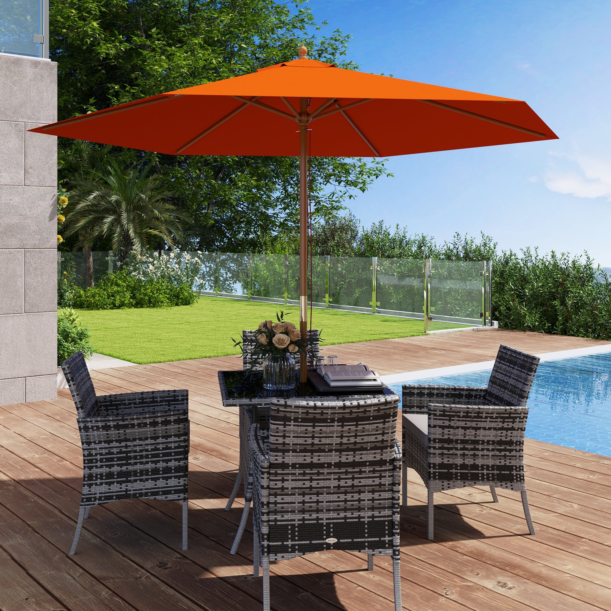 Outsunny 2.5m Wood Garden Parasol Sun Shade Patio Outdoor Wooden Umbrella Canopy Orange 