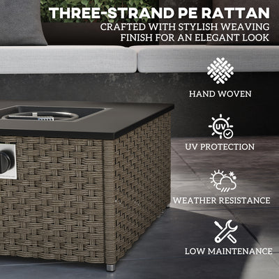 Outsunny Rattan Gas Fire Pit Table for Garden, 13 KW Smokeless Propane Fire Pit with Lid, Square Garden Coffee Table with Patio Heater for Outdoor, Patio, 58 x 58 x 33 cm, Grey 