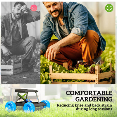 Outsunny Garden Cart with Wheels, Garden Stool Trolley with Tool Tray, Rolling Garden Seat for Weeding, Planting, Blue 
