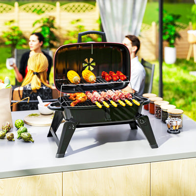 Outsunny Charcoal Barbecue Grill Folding BBQ Grill with 1232 cm² Cooking Area, Adjustable Vent, Thermometer, Handles for Camping Picnic, Red 