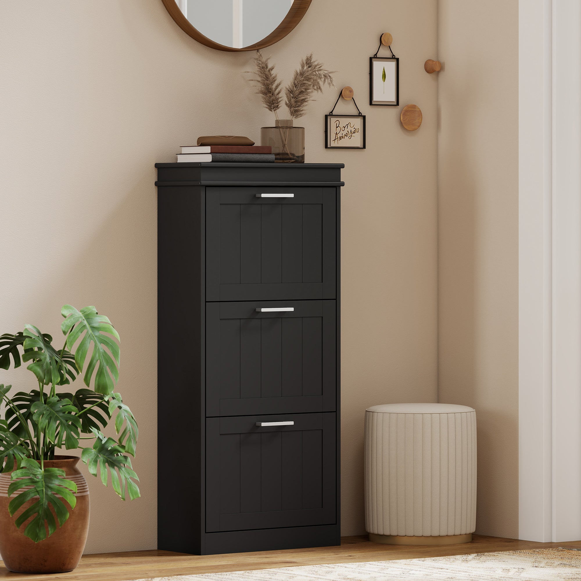 HOMCOM Three-Drawer Minimalistic Shoe Cabinet - Black 