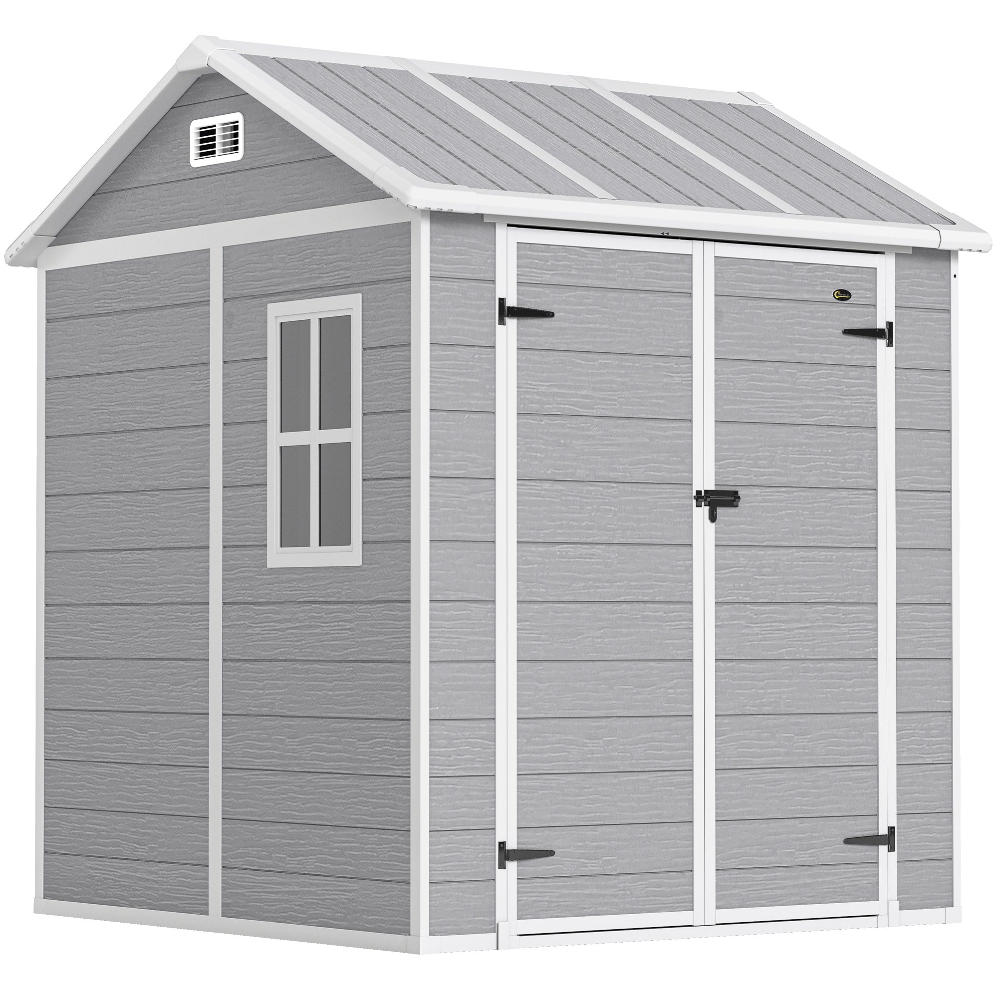 Outsunny 6 x 6ft Garden Shed with Floor, Window, Lockable Doors and Vents, Wood Effect Resin Tool Shed for Outdoor Patio, Grey