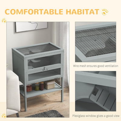 PawHut Wooden Hamster Cage 3 Tier House w/ Storage Shelf, Openable Top for Gerbils, Grey 