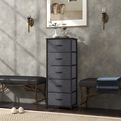 HOMCOM Fabric Chest of Drawers, Storage Drawers, Industrial Bedroom Dresser with 5 Fabric Drawers, Steel Frame and Wooden Top for Nursery, Living Room, Hallway, Dark Grey 