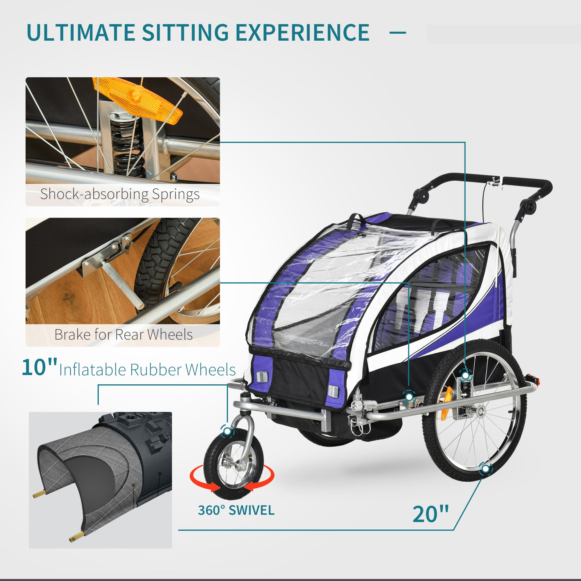 HOMCOM Baby Bike Trailer, Child Bicycle Trailer with 5 Point Harness, Steel Frame, Reflectors, Safety Flag, Hitch Coupler, Purple 