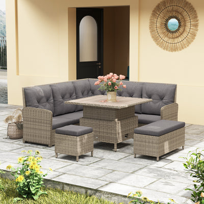 Outsunny 6 Pieces Outdoor PE Rattan Garden Furniture, Patio Wicker Sectional Conversation Corner Sofa w/ Soft Padded Cushion & Liftable Coffee Table, Light Grey 