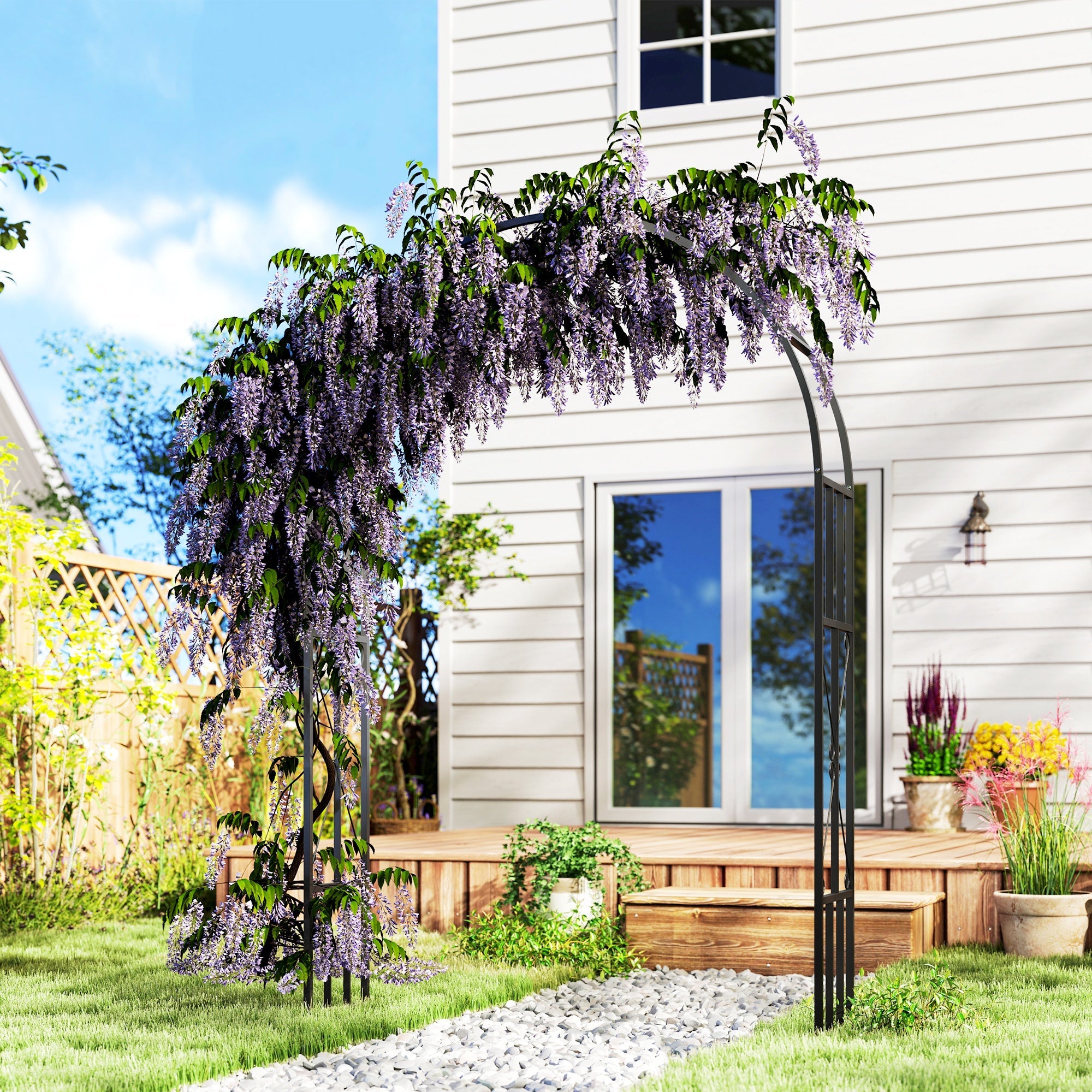 Outsunny Steel Garden Arch, 2.2m High x 1.5m Wide Metal Garden Trellis for Climbing Plants Roses Wisteria Vines, Outdoor Wedding Arch for Bridal Party Ceremony Decoration, Black 