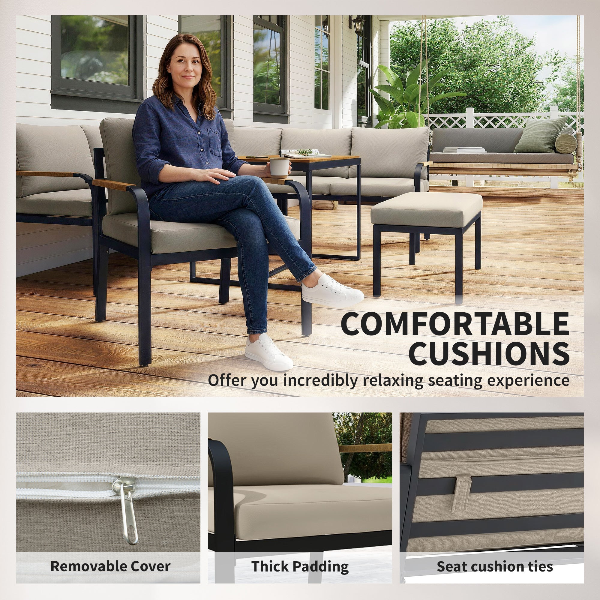 Outsunny 7 Seater Garden Furniture Set, Metal Garden Sofa Set with Cushions, Outdoor Furniture Conversation Sets, Khaki 
