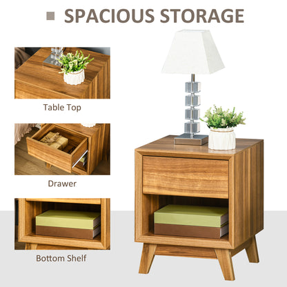 HOMCOM Modern Bedside Table Nightstand, Living Room End Table, Side Table with Drawer and Shelf, Set of 2, Walnut Brown 