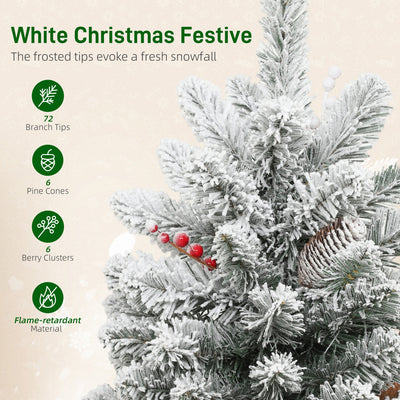 HOMCOM 60 cm Prelit Small Christmas Tree with 35 LED Lights, Snow Flocked Tabletop Mini Xmas Tree with 72 Dense Branches, Pine Cones, Berry Clusters and Linen Cover Base, Battery Operated, Green 