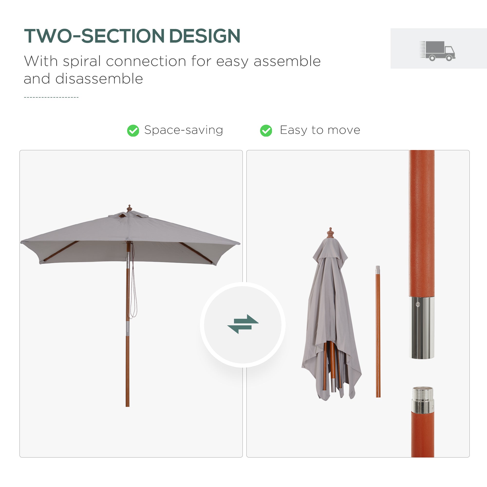 Outsunny 2m x 1.5m Garden Parasol Umbrella with Tilting Sunshade Canopy, Outdoor Market Table Umbrella with Wood and Bamboo Frame, Grey 