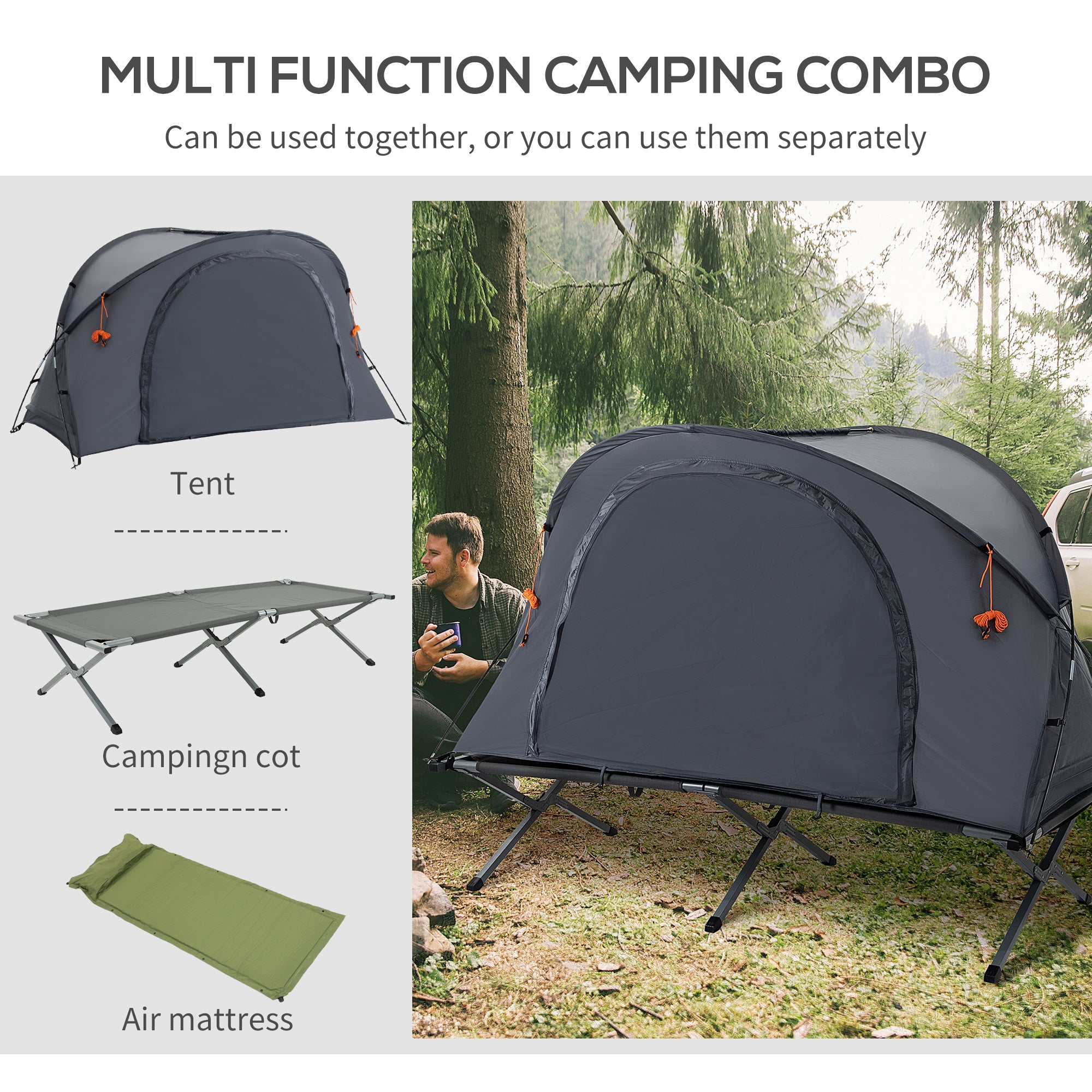 Outsunny Folding Camping Tent Cot, Portable Tent Shelter Combo with Self-Inflating Air Mattress Carry Bag for 1 Person 