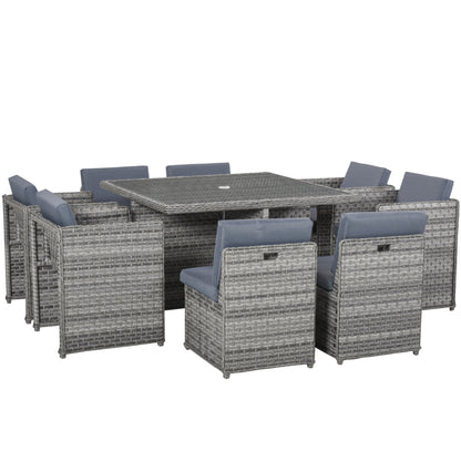 Outsunny 8 Seater Rattan Cube Garden Furniture Set with Parasol Hole, Rattan Dining Set with Cushions, Outdoor Dining Table and Chairs with Square Glass Top Table for Patio, Balcony, Mixed Grey 