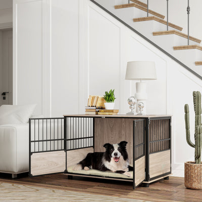 PawHut 100cm Furniture Style Dog Crate Dog Cage End Table Indoor with 3 Doors Soft Washable Cushion, for Large Sized Dogs 
