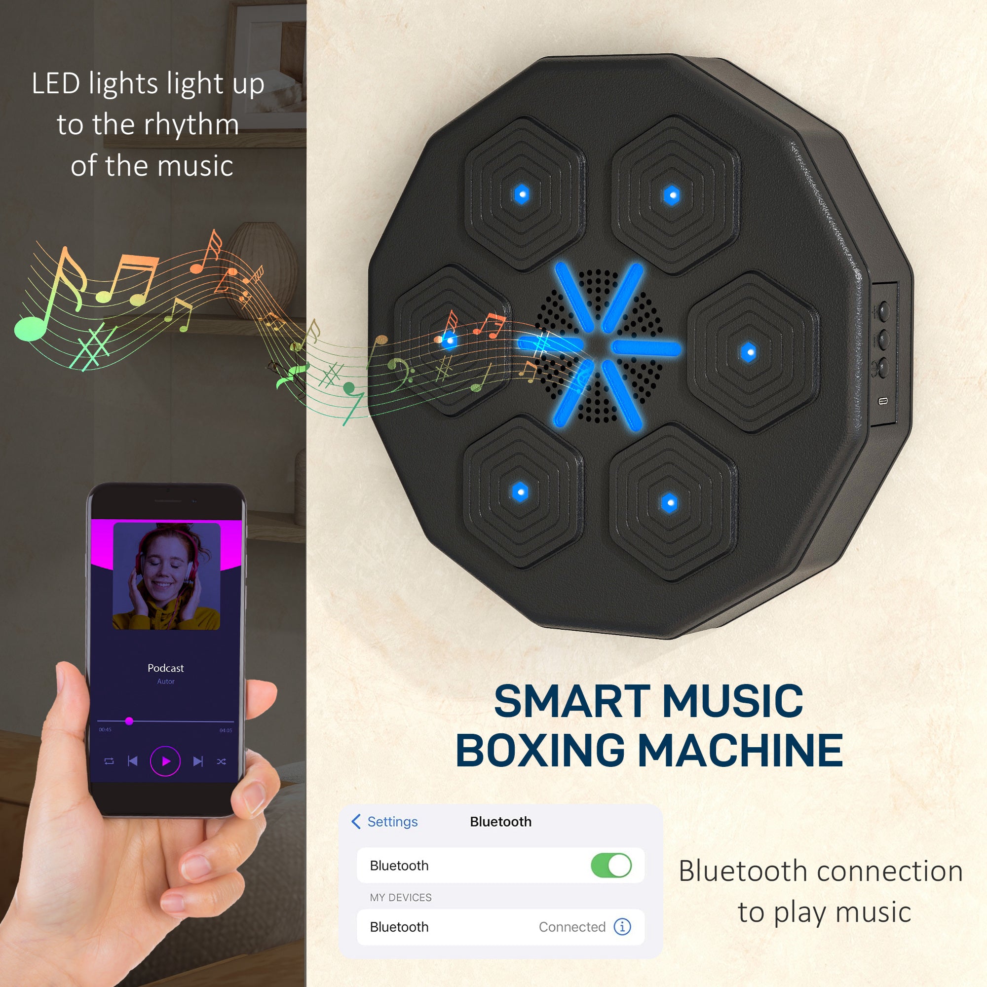 SPORTNOW Music Boxing Machine with Bluetooth Connection and LED Light Smart, Wall Mounted for Punching Beat Boxing Training 