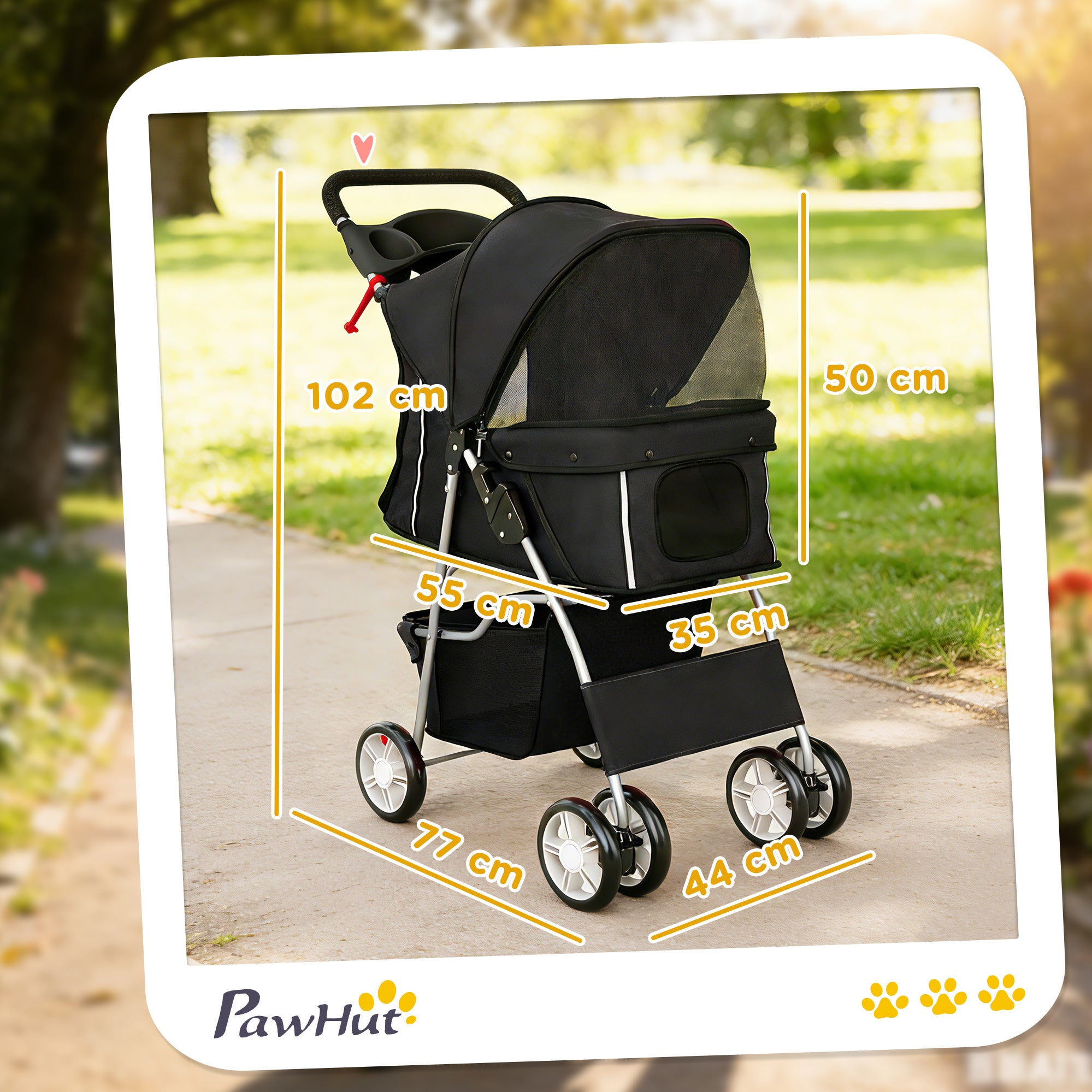 PawHut Dog Pram, Pet Stroller with Reflective Strips, Foldable Cat Stroller with 360° Swivel Wheels, Black 