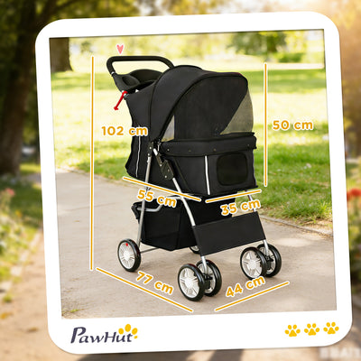 PawHut Dog Pram, Pet Stroller with Reflective Strips, Foldable Cat Stroller with 360° Swivel Wheels, Black 
