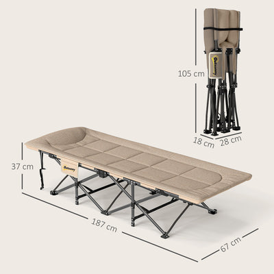 Outsunny Folding Camping Bed for Adults with Cushion, Heavy Duty Portable Travel Camping Cot with Headrest, Side Pocket and Non-Slip Foot Pads for Outdoor Beach Travel Office, Khaki 