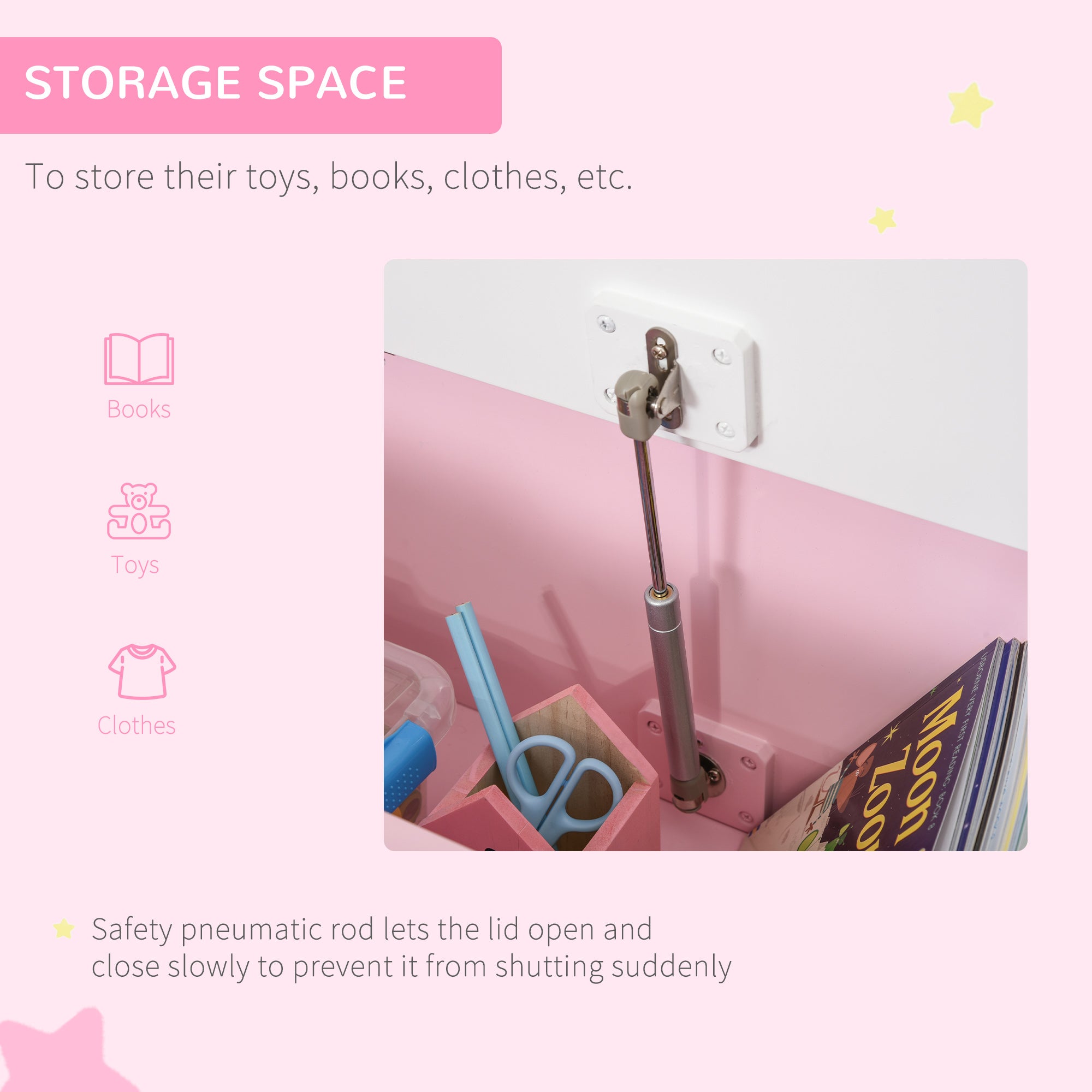 HOMCOM 2 In 1 Wooden Toy Box, Seat Storage Bench, Storage Chest Cabinet Organiser with Safety Pneumatic Rod, Pink 