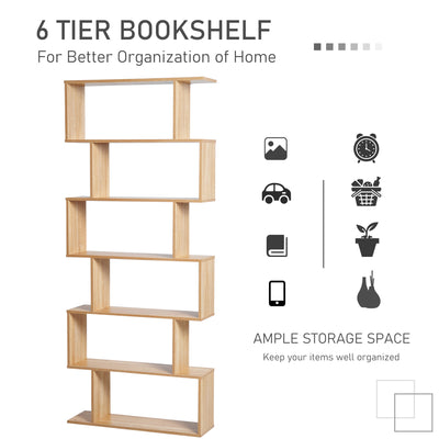 HOMCOM Bookcase, 6 Tier Shelf S Shaped Bookshelf, Storage Unit, Display Shelf for Living Room, Bedroom, Home Office, Plant, Oak 