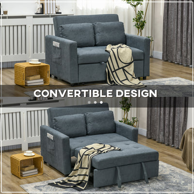 HOMCOM Loveseat Sofa Bed, Convertible Bed Settee with 2 Cushions, Side Pockets for Living Room, Charcoal Grey 