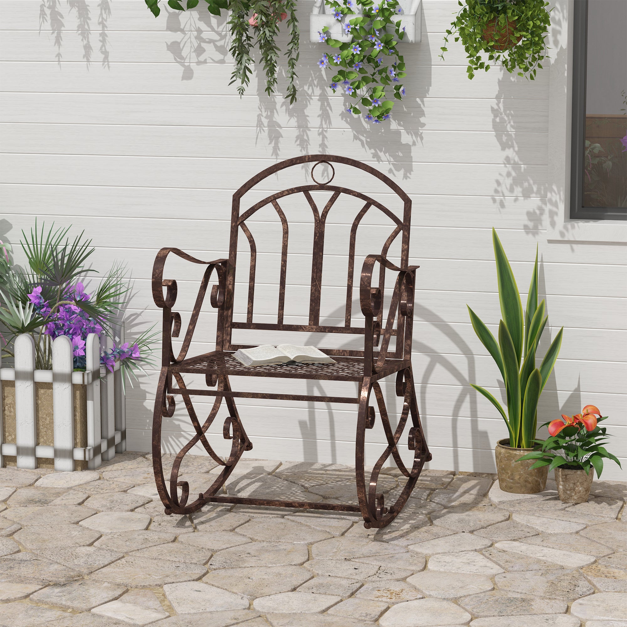 Outsunny Metal Single Chair 1 Seater Garden Outdoor Rocking Chair Vintage Style Bronze 