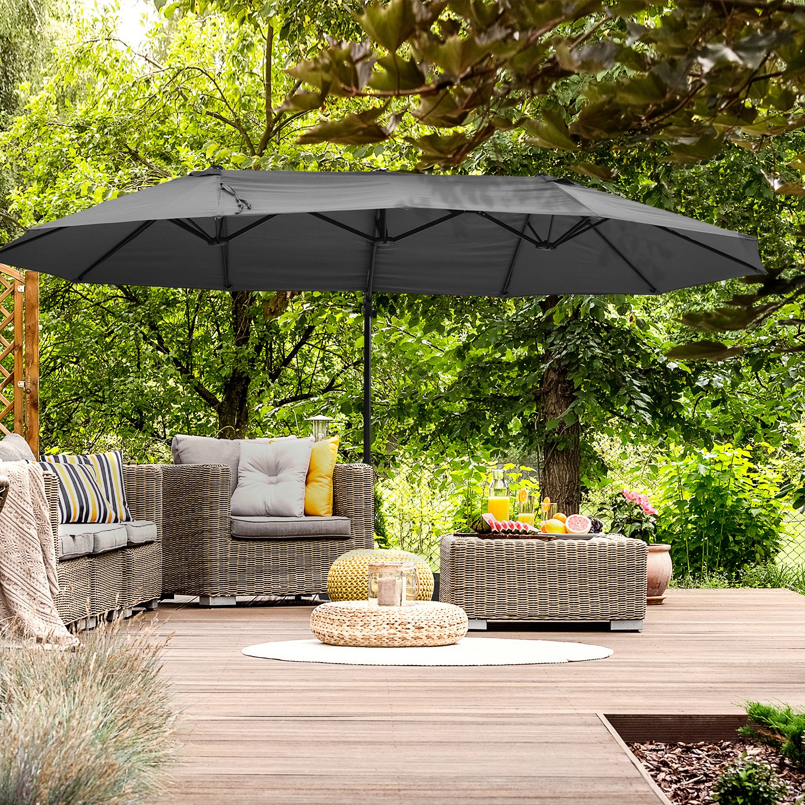 Outsunny Double Canopy Offset Parasol Umbrella Garden Shade w/ Steel Pole 12 Ribs Grey 