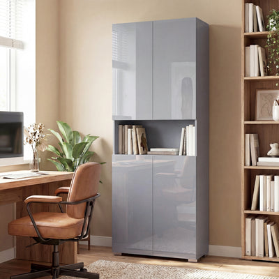 HOMCOM 180 cm Tall Kitchen Cupboard, Pantry Storage Cabinet with Soft Close Doors and Adjustable Shelves, High Gloss Grey 