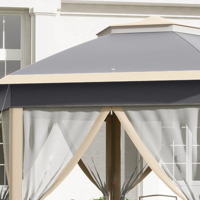 Outsunny Hexagon Pop Up Gazebo Outdoor Patio Gazebo Double Roof Instant Shelter with Netting, 3 x 4m, Khaki 