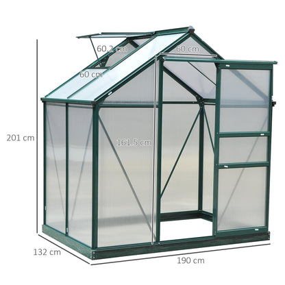 Outsunny 6 x 4ft Polycarbonate Greenhouse, Large Walk-In Green House with Slide Door and Window, Garden Plants Grow House with Aluminium Frame and Foundation, Dark Green 