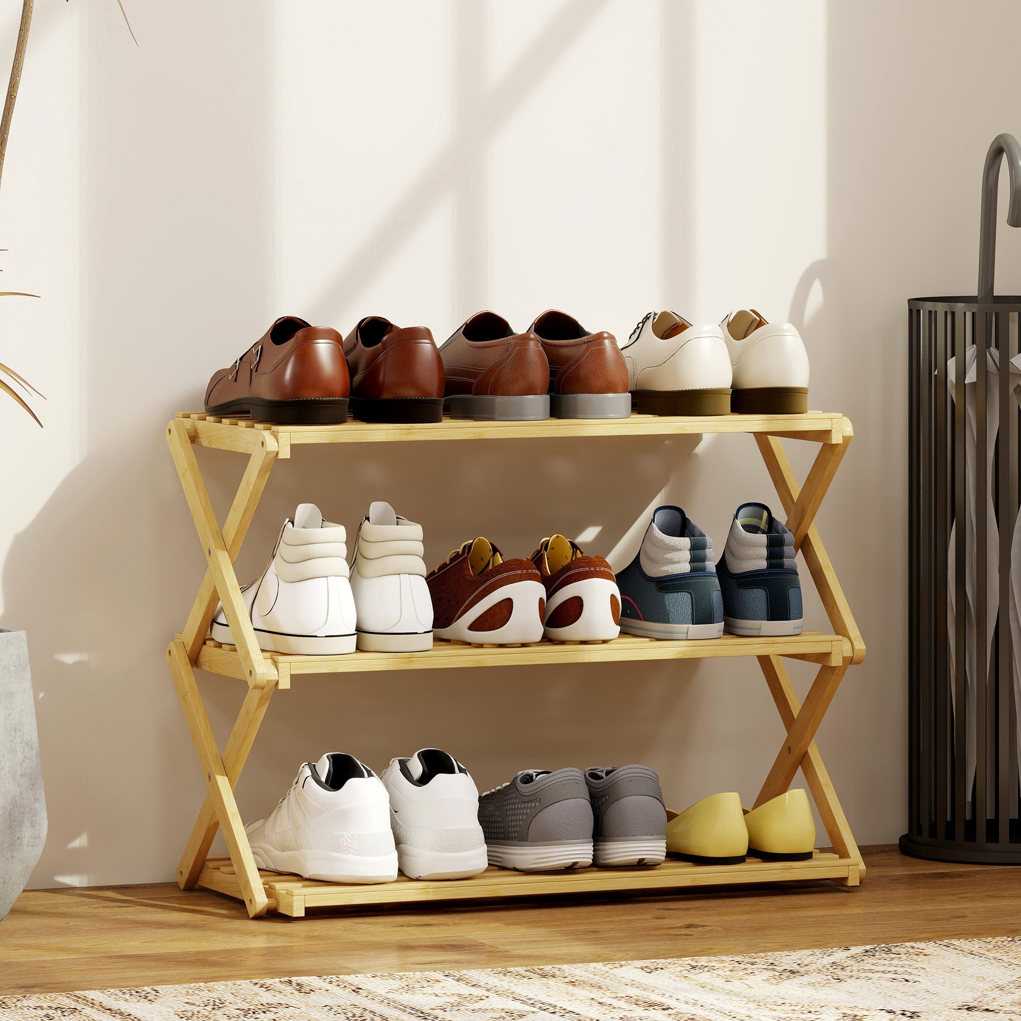 HOMCOM Three-Tier Folding Bamboo Shoe Rack - Natural Finish 