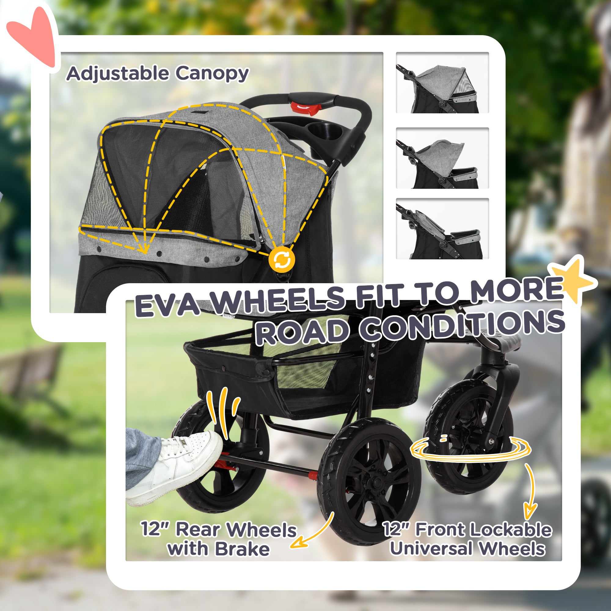 PawHut Dog Pram Dog Stroller Pet Stroller, 3 Wheels Dog Pushchair with Brake, for Small Miniature Dogs, Cats, Red 