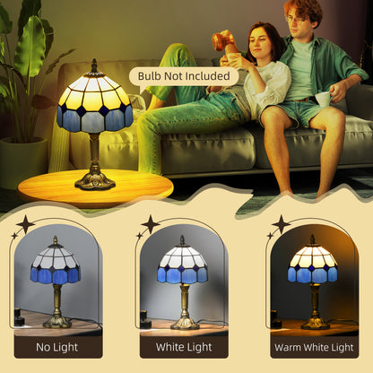 HOMCOM Handmade Stained Glass Table Lamp, Antique Bedside Lamp for Bedroom, Living room, Home, Nightstand, Decorative Night Light, Blue 