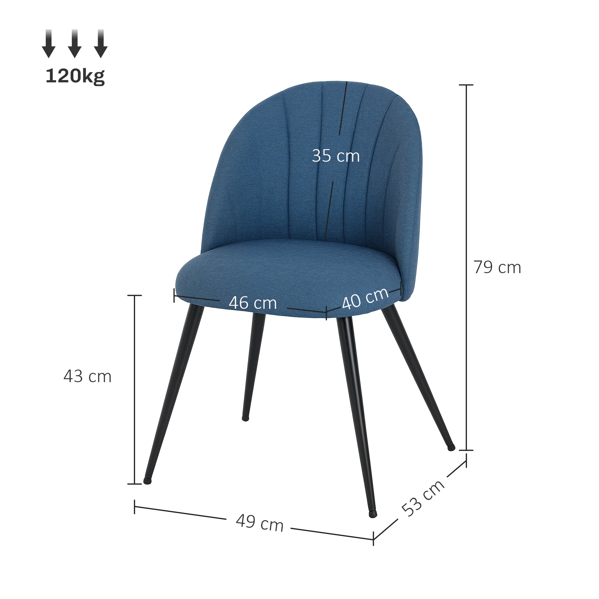 HOMCOM Velvet Dining Chairs Set of 2, Modern Upholstered Kitchen Chairs with Metal Legs, Shell Backrest and Padded Seat for Dining Room, Bedroom, Living Room, Vanity, Blue