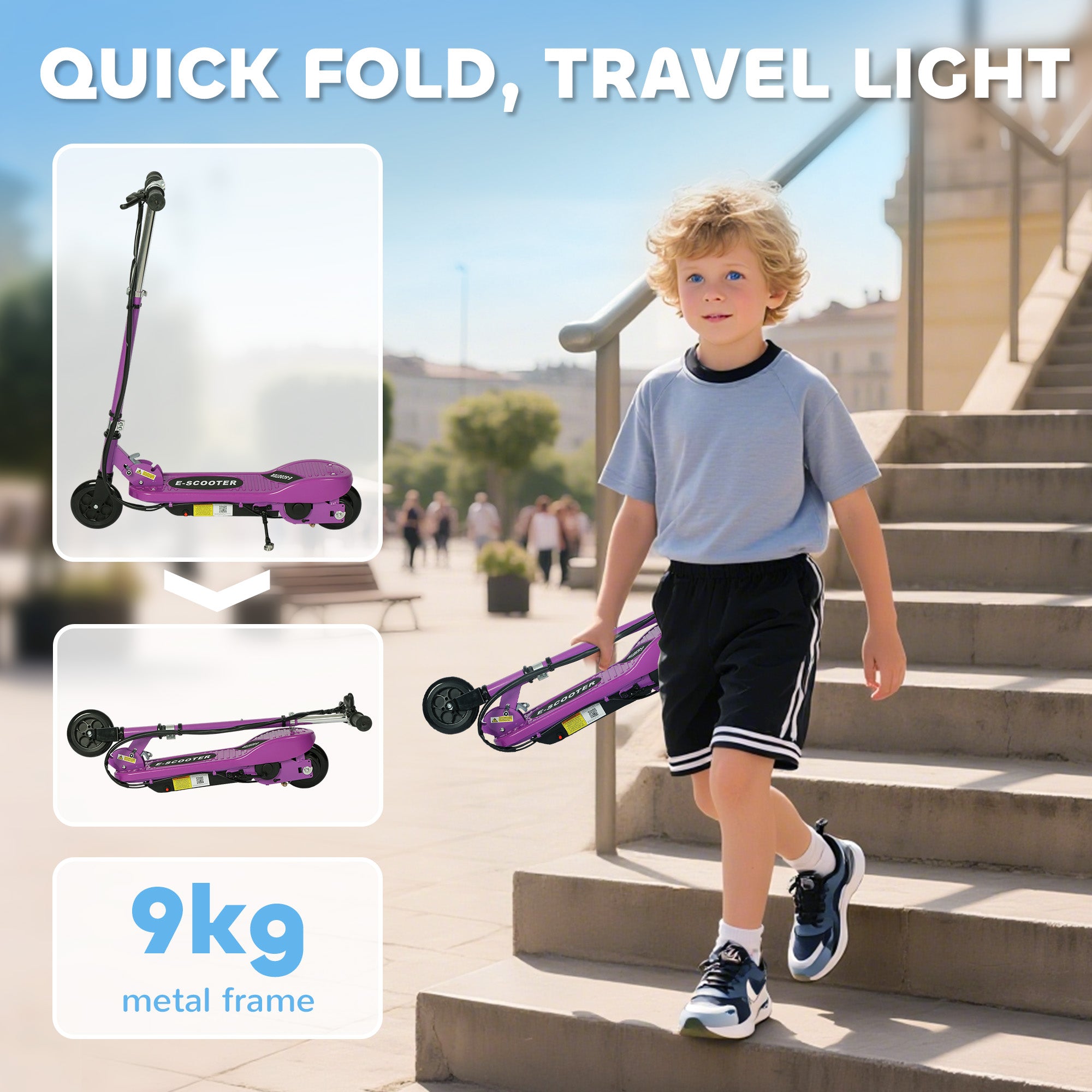 HOMCOM Foldable Electric Kids Scooter, Ride-on for Ages 7-14 Years, Purple 