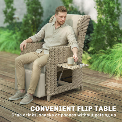 Outsunny Rattan Garden Recliner Chair, Reclining Garden Chair with Adjustable Back and Footrest, Flip Table, Cushion, Brown 