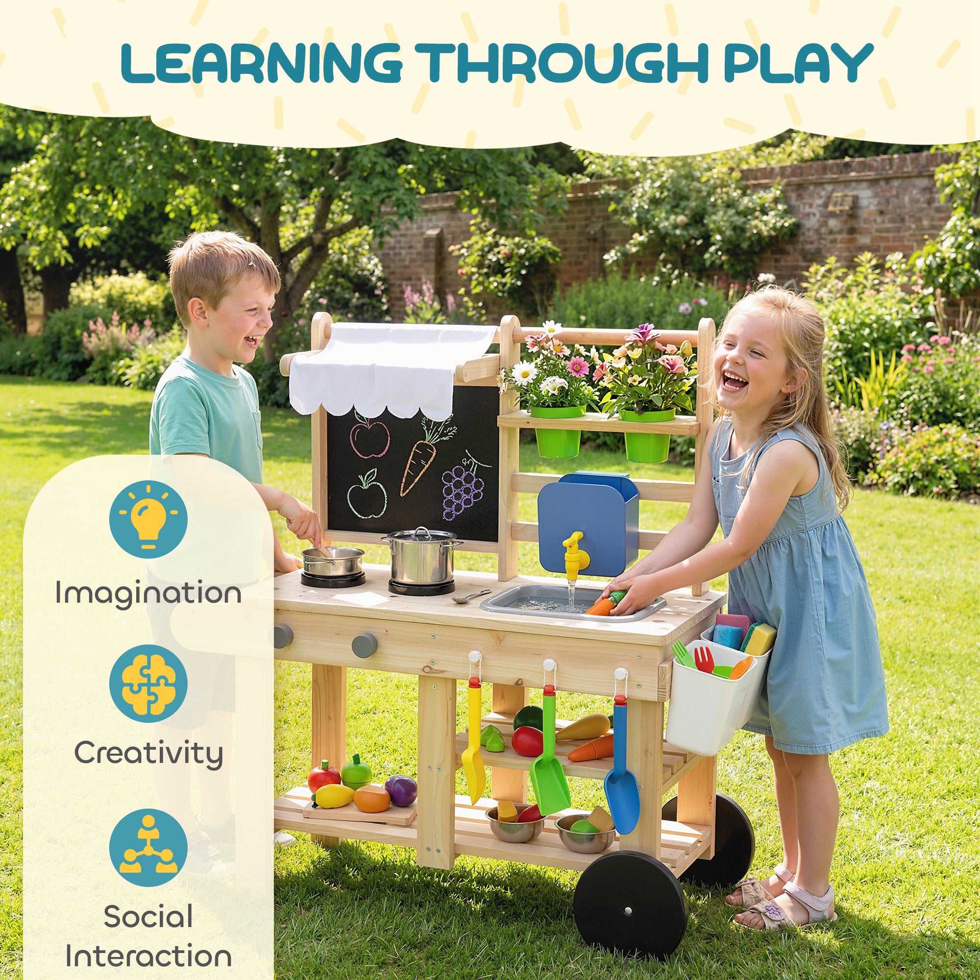 AIYAPLAY Mud Kitchen with Real Water Faucet Pretend Play Kitchen Playset with Sink and Storage Natural Wood 