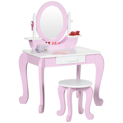 ZONEKIZ Kids Dressing Table Set, with Mirror, Stool, for Ages 3-6 Years - Pink 