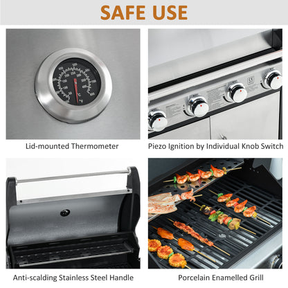 Outsunny Gas Barbecue Grill 4+1 Burner Garden Smoker BBQ Trolley w/ Side Burner Warming Rack Side Shelves Storage Cabinet Piezo Ignition Thermometer Stainless Steel + Metal 