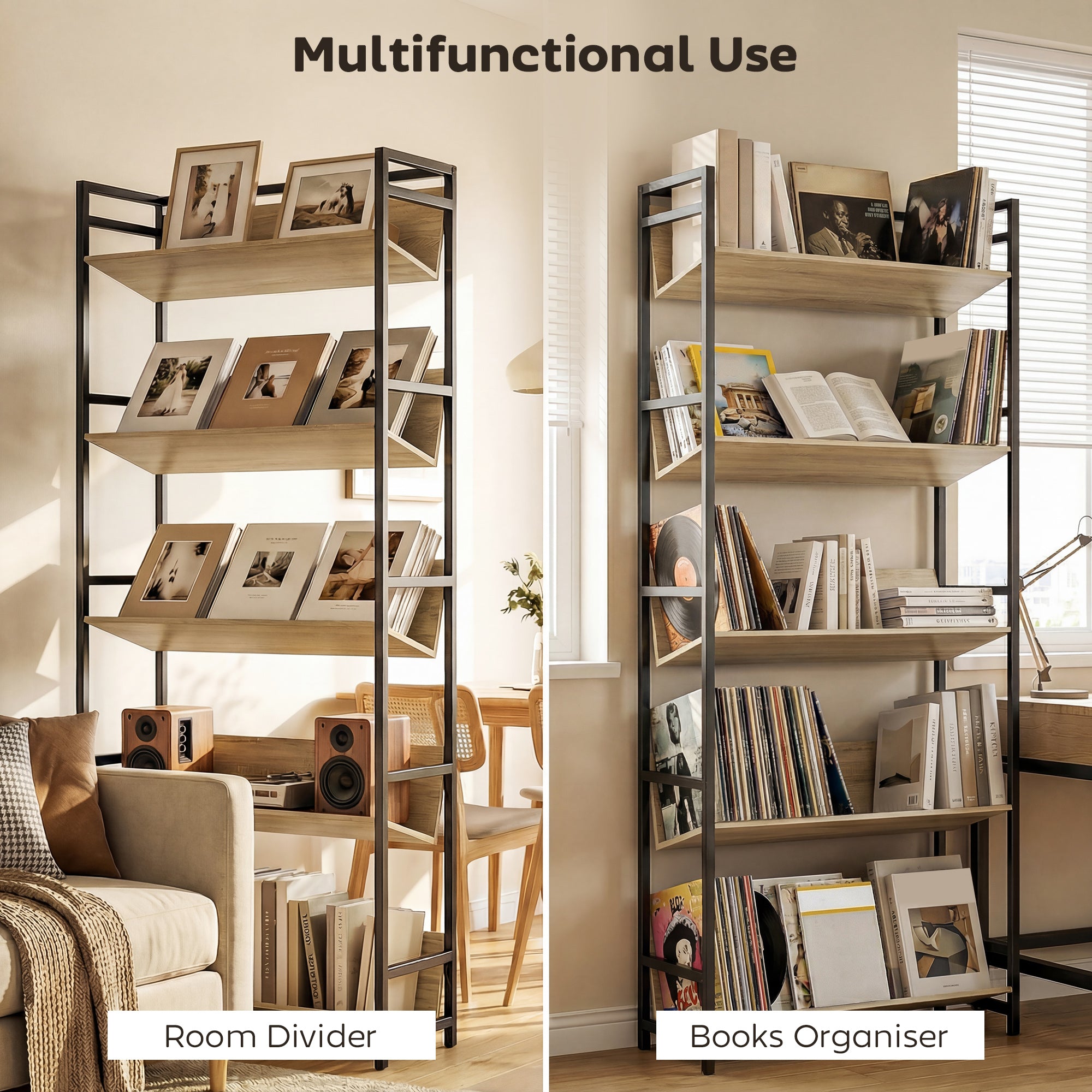 HOMCOM Bookshelf 5-Tier Metal Frame Bookcase Storage Shelves for Living Room Oak 