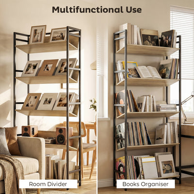 HOMCOM Bookshelf 5-Tier Metal Frame Bookcase Storage Shelves for Living Room Oak 