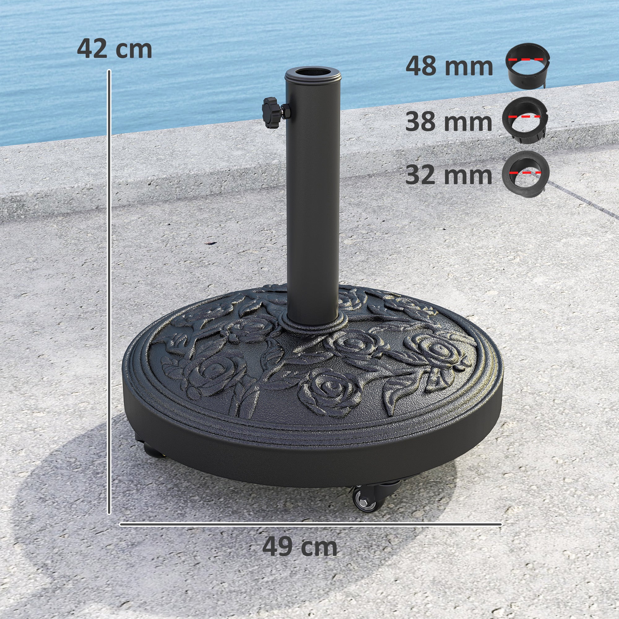 Outsunny Parasol Base, Umbrella Base with Wheels Cast Iron Effect, for Umbrella, Canopy, Weather Resistant, Black 